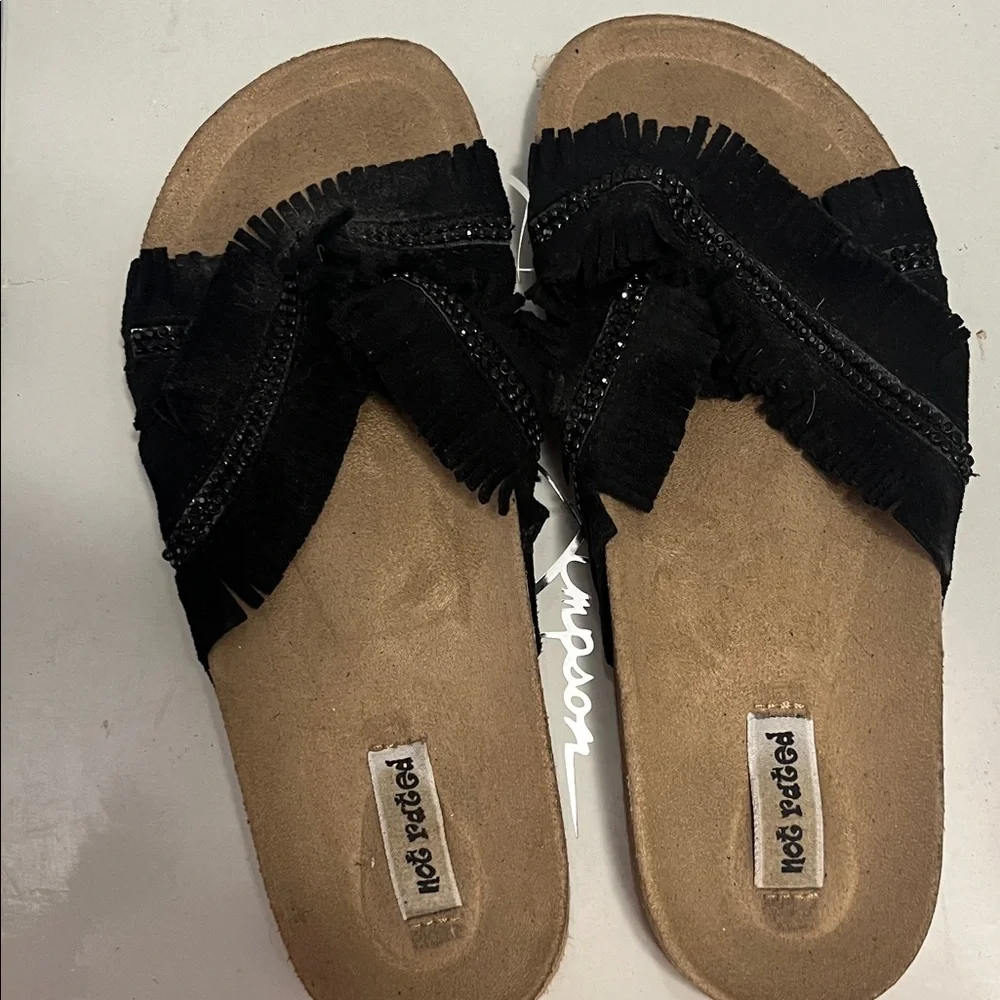 Not Rated Women's Black Fringe Slide Sandals